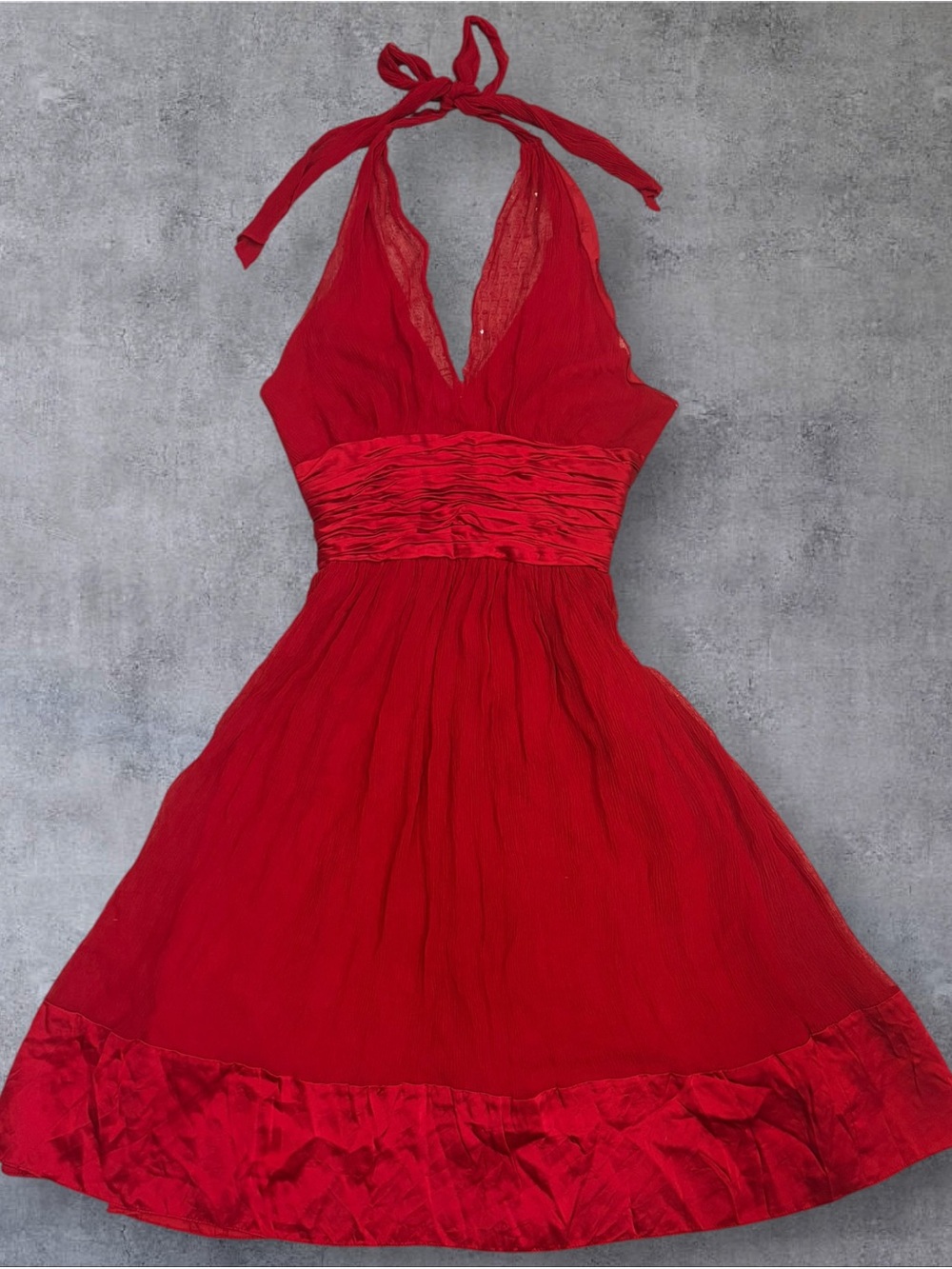 Maggy London Red Halter Midi Dress - Elegant Ruched Waist